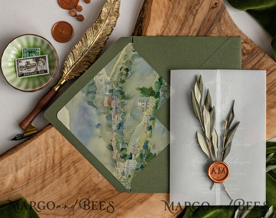 HOCHZEITS EINLADUNGEN blumig / Boho / Aquarell Elegante Toskana Acryl Hochzeits Einladungen mit Rsvp, Fine Art Plexi Glas echte Olivenzweig Hochzeits Einladung Suite, Vellum Wachssiegel Oliven Einladungen, Griechenland Hochzeitskarten