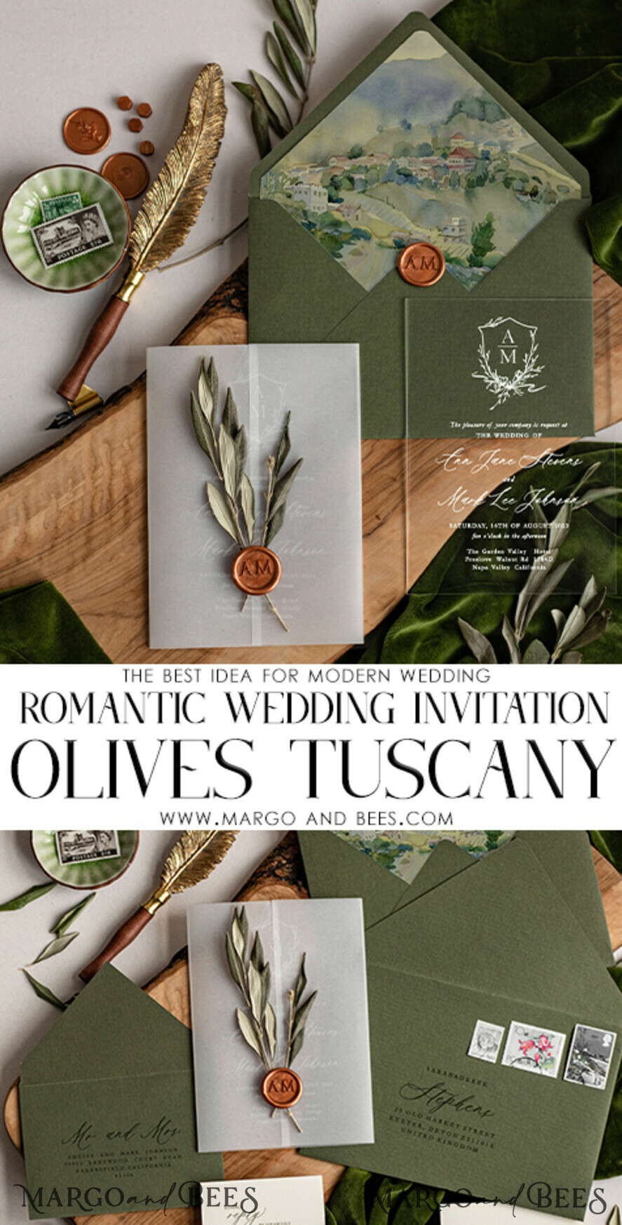 HOCHZEITS EINLADUNGEN blumig / Boho / Aquarell Elegante Toskana Acryl Hochzeits Einladungen mit Rsvp, Fine Art Plexi Glas echte Olivenzweig Hochzeits Einladung Suite, Vellum Wachssiegel Oliven Einladungen, Griechenland Hochzeitskarten