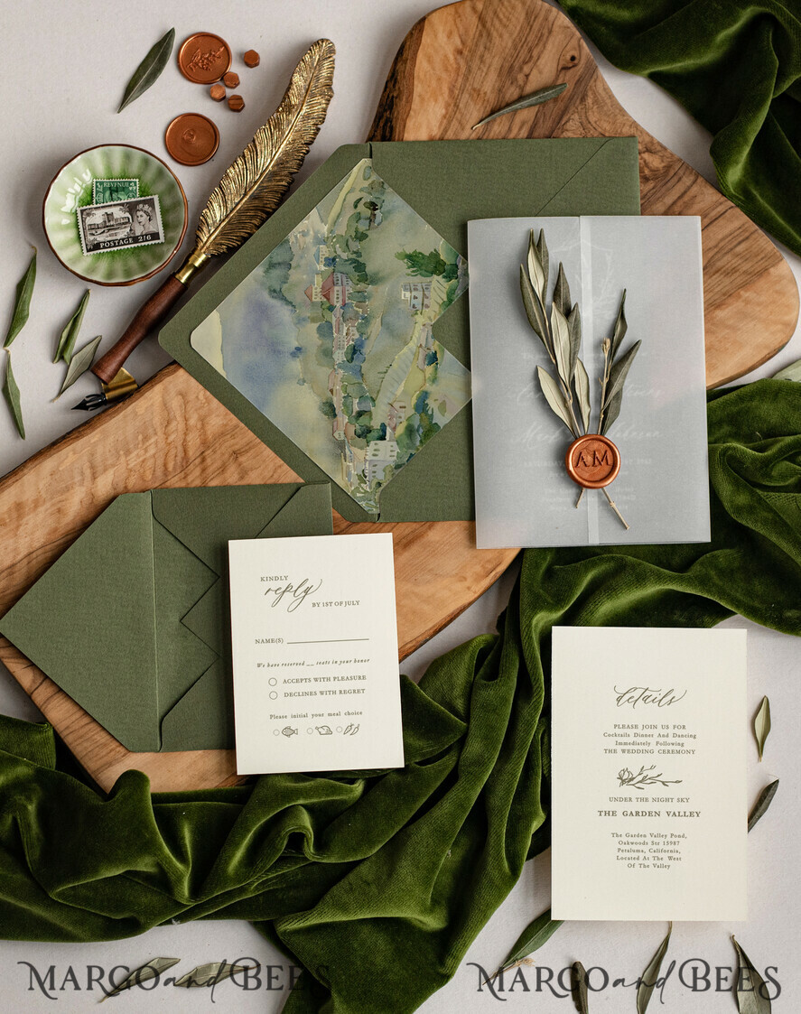 HOCHZEITS EINLADUNGEN blumig / Boho / Aquarell Elegante Toskana Acryl Hochzeits Einladungen mit Rsvp, Fine Art Plexi Glas echte Olivenzweig Hochzeits Einladung Suite, Vellum Wachssiegel Oliven Einladungen, Griechenland Hochzeitskarten