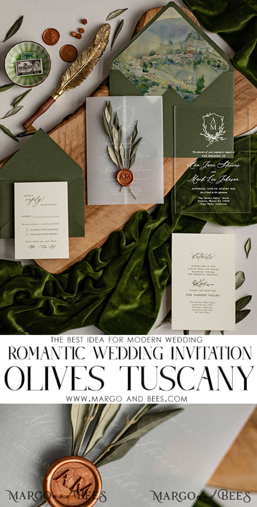 HOCHZEITS EINLADUNGEN blumig / Boho / Aquarell Elegante Toskana Acryl Hochzeits Einladungen mit Rsvp, Fine Art Plexi Glas echte Olivenzweig Hochzeits Einladung Suite, Vellum Wachssiegel Oliven Einladungen, Griechenland Hochzeitskarten