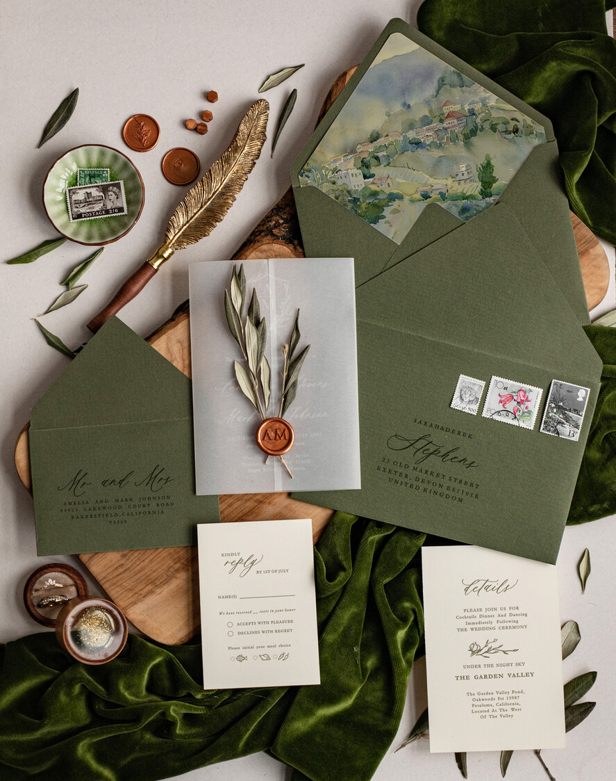 HOCHZEITS EINLADUNGEN blumig / Boho / Aquarell Elegante Toskana Acryl Hochzeits Einladungen mit Rsvp, Fine Art Plexi Glas echte Olivenzweig Hochzeits Einladung Suite, Vellum Wachssiegel Oliven Einladungen, Griechenland Hochzeitskarten