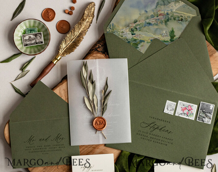 HOCHZEITS EINLADUNGEN blumig / Boho / Aquarell Elegante Toskana Acryl Hochzeits Einladungen mit Rsvp, Fine Art Plexi Glas echte Olivenzweig Hochzeits Einladung Suite, Vellum Wachssiegel Oliven Einladungen, Griechenland Hochzeitskarten