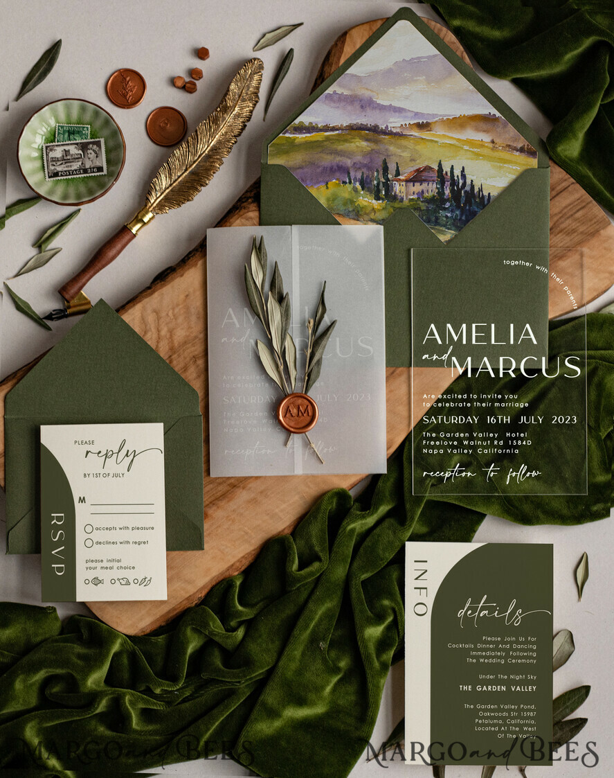 WEDDING INVITATIONS floral / boho / watercolor Tuscany Acrylic Wedding invitations with Rsvp, Fine Art Plexi Glass real olive branch Wedding Invitation suite, Vellum Wax Seal Olives Invites, Greece Wedding Cards 