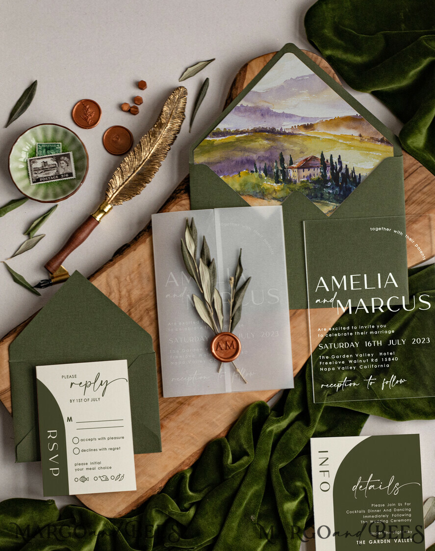WEDDING INVITATIONS floral / boho / watercolor Tuscany Acrylic Wedding invitations with Rsvp, Fine Art Plexi Glass real olive branch Wedding Invitation suite, Vellum Wax Seal Olives Invites, Greece Wedding Cards 