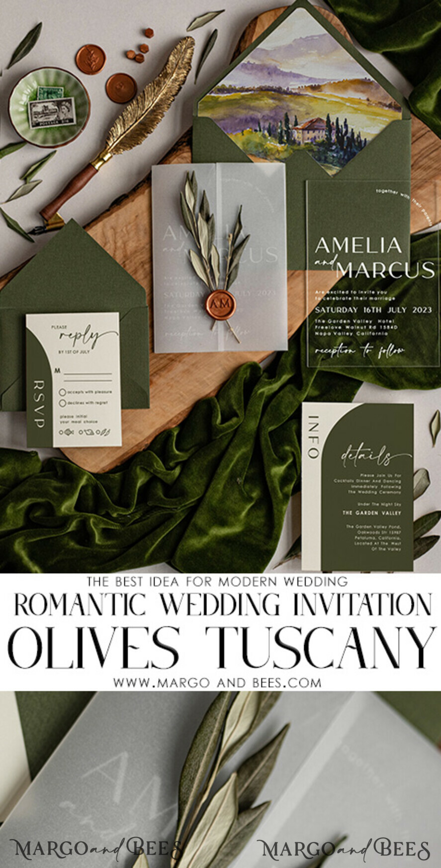 WEDDING INVITATIONS floral / boho / watercolor Tuscany Acrylic Wedding invitations with Rsvp, Fine Art Plexi Glass real olive branch Wedding Invitation suite, Vellum Wax Seal Olives Invites, Greece Wedding Cards 