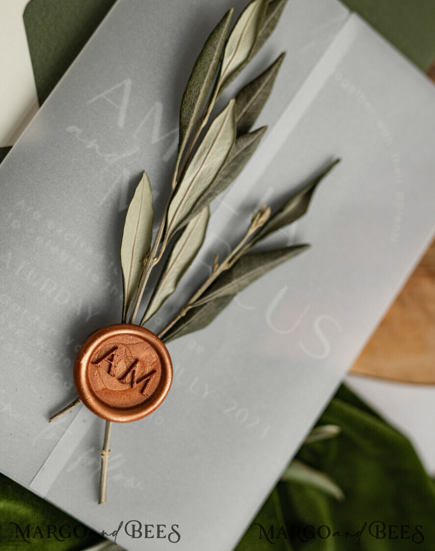 WEDDING INVITATIONS floral / boho / watercolor Tuscany Acrylic Wedding invitations with Rsvp, Fine Art Plexi Glass real olive branch Wedding Invitation suite, Vellum Wax Seal Olives Invites, Greece Wedding Cards 