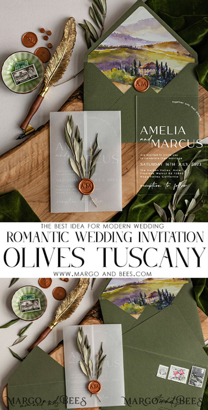 WEDDING INVITATIONS floral / boho / watercolor Tuscany Acrylic Wedding invitations with Rsvp, Fine Art Plexi Glass real olive branch Wedding Invitation suite, Vellum Wax Seal Olives Invites, Greece Wedding Cards 