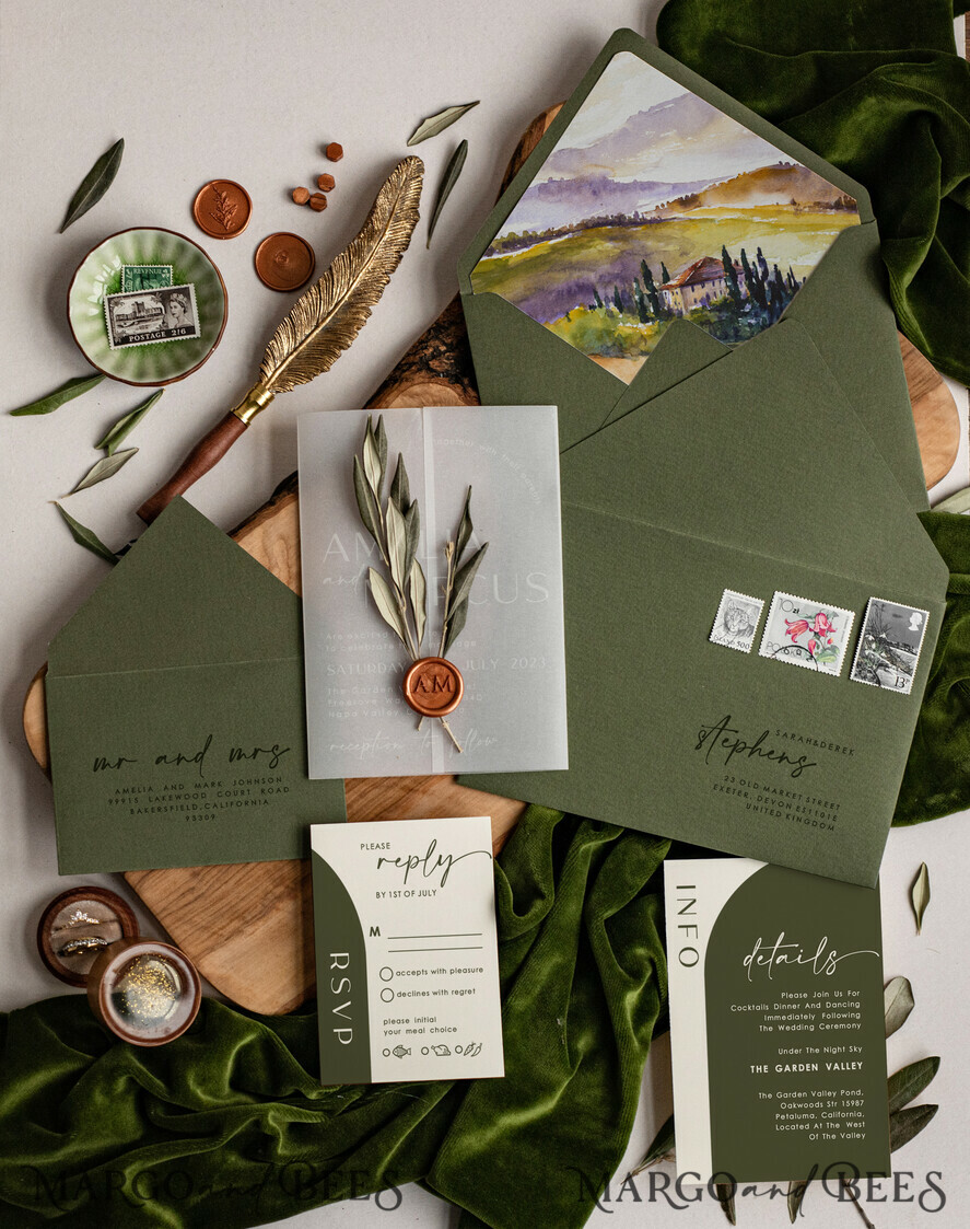 WEDDING INVITATIONS floral / boho / watercolor Tuscany Acrylic Wedding invitations with Rsvp, Fine Art Plexi Glass real olive branch Wedding Invitation suite, Vellum Wax Seal Olives Invites, Greece Wedding Cards 
