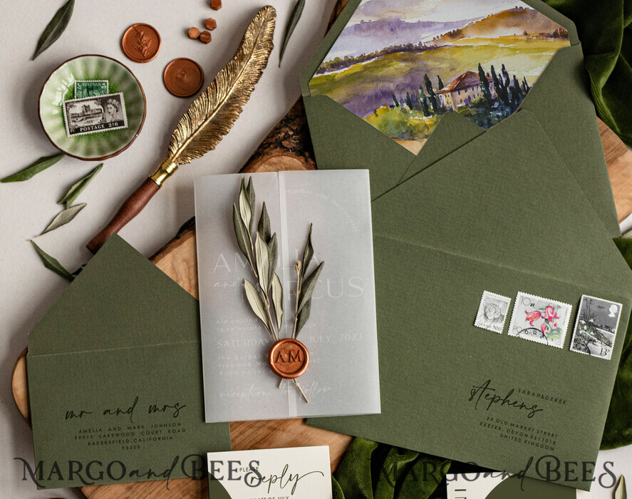 WEDDING INVITATIONS floral / boho / watercolor Tuscany Acrylic Wedding invitations with Rsvp, Fine Art Plexi Glass real olive branch Wedding Invitation suite, Vellum Wax Seal Olives Invites, Greece Wedding Cards 