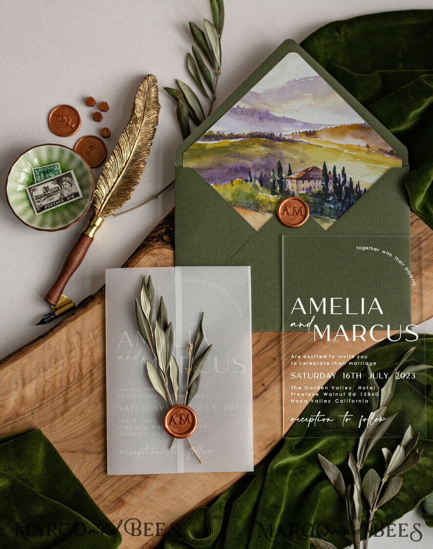 WEDDING INVITATIONS floral / boho / watercolor Tuscany Acrylic Wedding invitations with Rsvp, Fine Art Plexi Glass real olive branch Wedding Invitation suite, Vellum Wax Seal Olives Invites, Greece Wedding Cards 