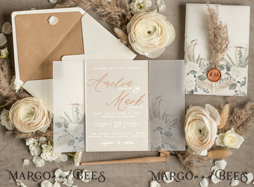 WEDDING INVITATIONS floral / boho / watercolor Pampas Grass Acryl Wedding invitations cards, Boho  Nude Natiral Wedding Invitation Suite,  Acrylic Elegant bohemian Wedding Stationery Minimalistic Wedding Invites