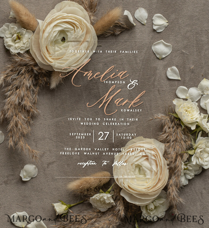 WEDDING INVITATIONS floral / boho / watercolor Pampas Grass Acryl Wedding invitations cards, Boho  Nude Natiral Wedding Invitation Suite,  Acrylic Elegant bohemian Wedding Stationery Minimalistic Wedding Invites