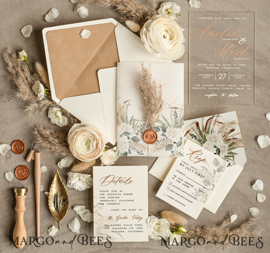 WEDDING INVITATIONS floral / boho / watercolor Pampas Grass Acryl Wedding invitations cards, Boho  Nude Natiral Wedding Invitation Suite,  Acrylic Elegant bohemian Wedding Stationery Minimalistic Wedding Invites