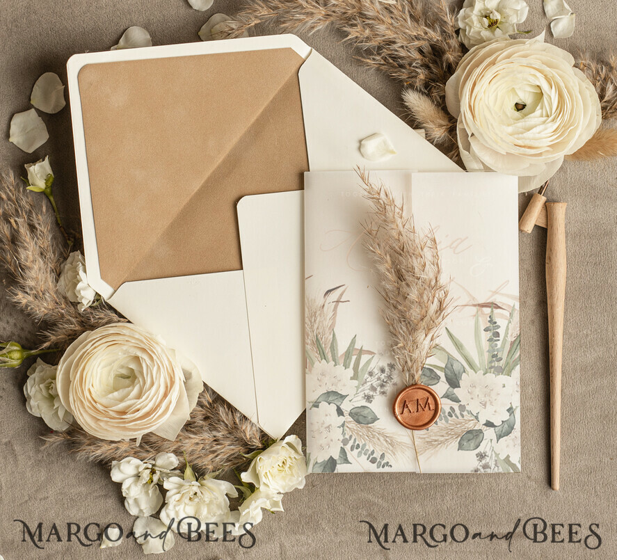 WEDDING INVITATIONS floral / boho / watercolor Pampas Grass Acryl Wedding invitations cards, Boho  Nude Natiral Wedding Invitation Suite,  Acrylic Elegant bohemian Wedding Stationery Minimalistic Wedding Invites