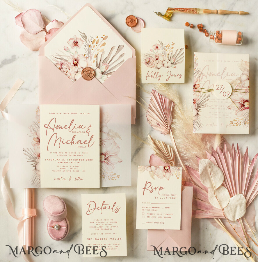Blush Pink Modern Acrylic Wedding Invitations, Spring Boho Plexi Wedding  Invitation Suite, Elegant Boho Wedding Invites, Minimalist Wedding  Stationery
