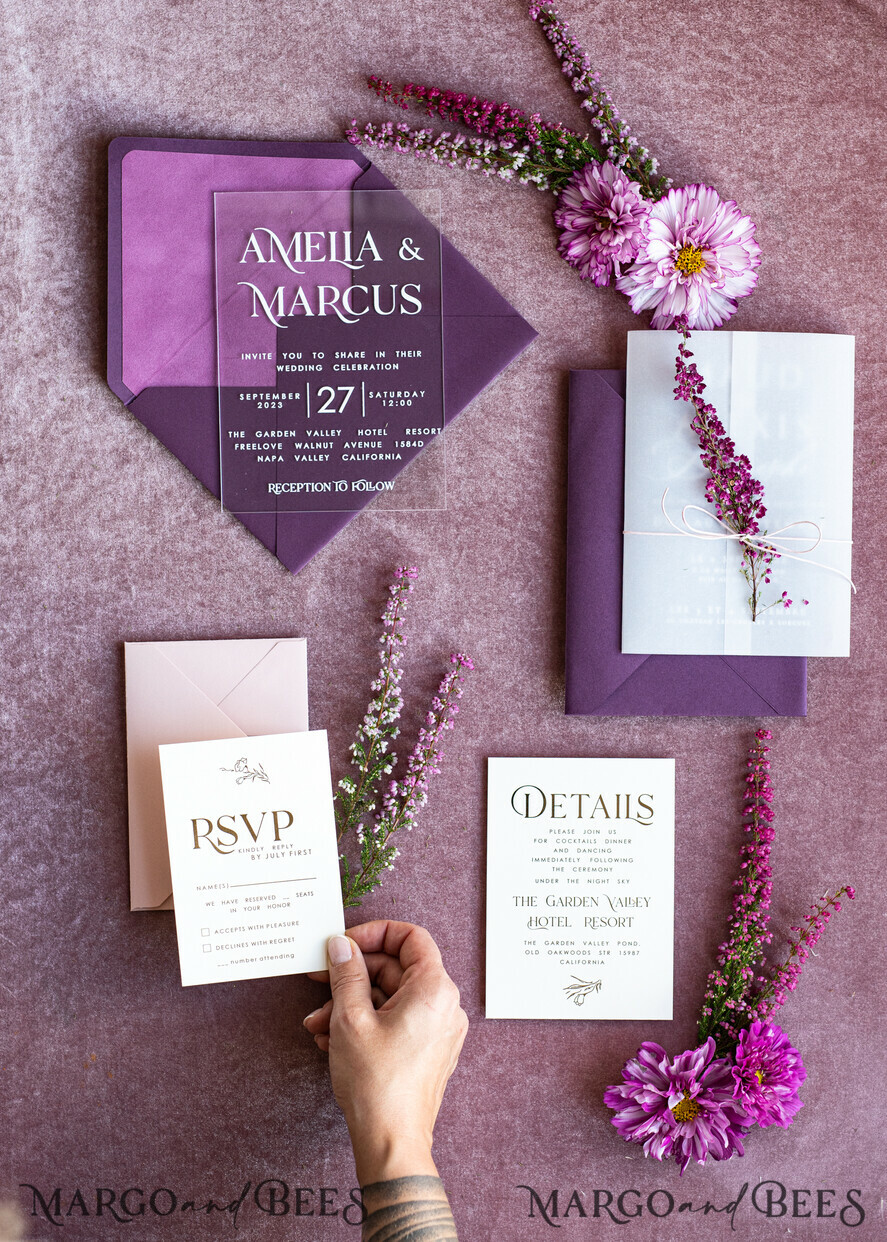 WEDDING INVITATIONS floral / boho / watercolor Heather Acrylic Wedding invitations set, Boho Plum Fall Wedding Invitation Suite,  Plexi Elegant bohemian Wedding Stationery Minimalistic Wedding Invites