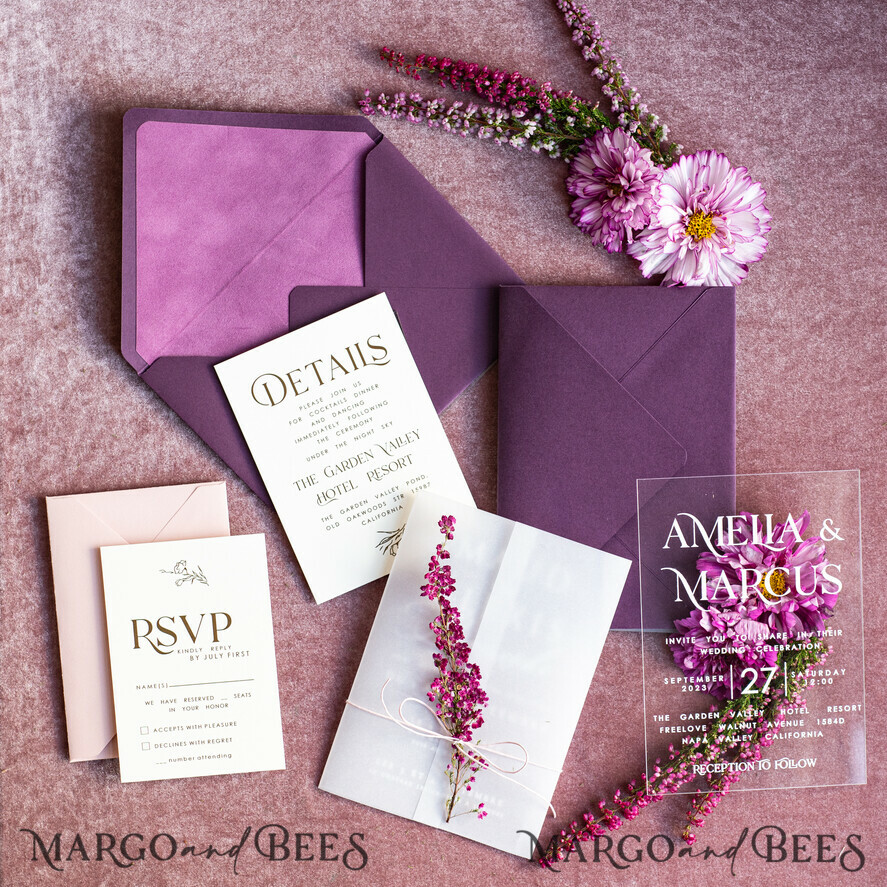 WEDDING INVITATIONS floral / boho / watercolor Heather Acrylic Wedding invitations set, Boho Plum Fall Wedding Invitation Suite,  Plexi Elegant bohemian Wedding Stationery Minimalistic Wedding Invites