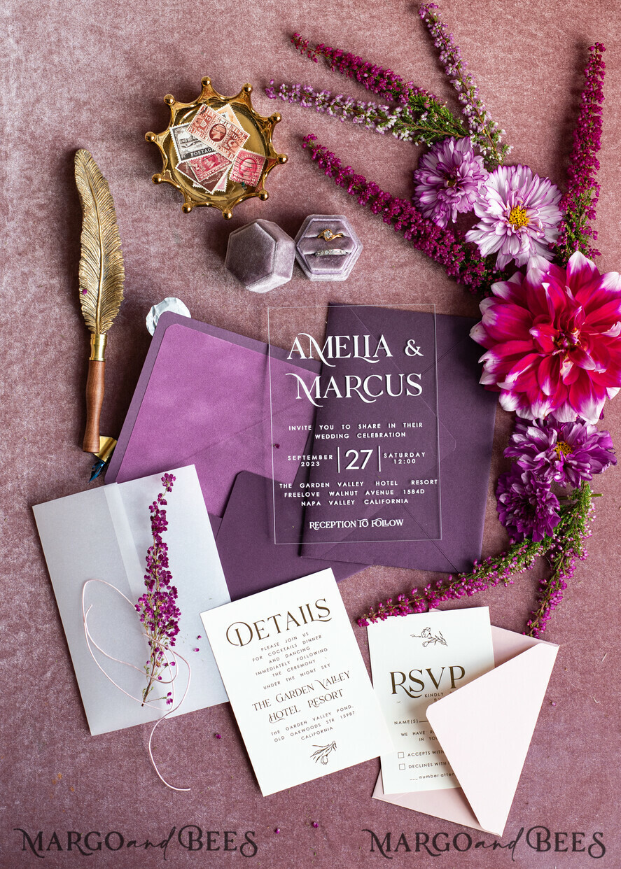 WEDDING INVITATIONS floral / boho / watercolor Heather Acrylic Wedding invitations set, Boho Plum Fall Wedding Invitation Suite,  Plexi Elegant bohemian Wedding Stationery Minimalistic Wedding Invites