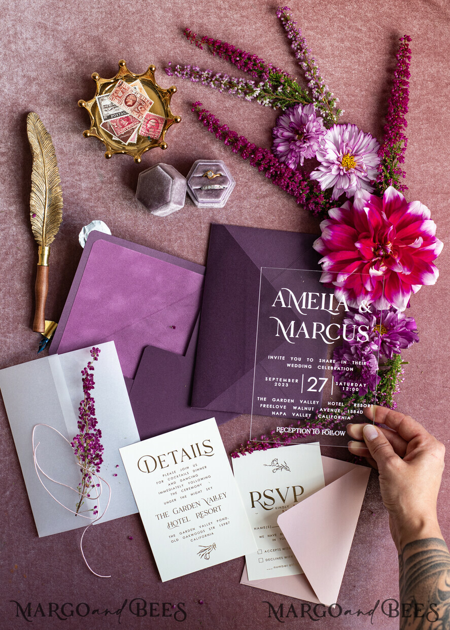 WEDDING INVITATIONS floral / boho / watercolor Heather Acrylic Wedding invitations set, Boho Plum Fall Wedding Invitation Suite,  Plexi Elegant bohemian Wedding Stationery Minimalistic Wedding Invites