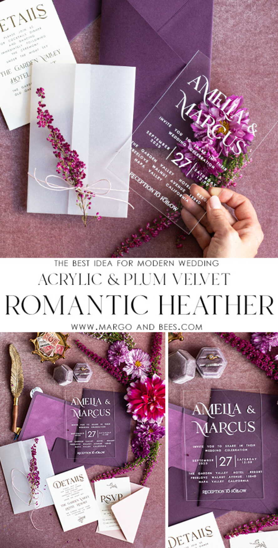 WEDDING INVITATIONS floral / boho / watercolor Heather Acrylic Wedding invitations set, Boho Plum Fall Wedding Invitation Suite,  Plexi Elegant bohemian Wedding Stationery Minimalistic Wedding Invites