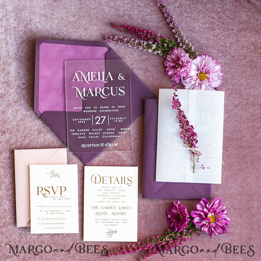 WEDDING INVITATIONS floral / boho / watercolor Heather Acrylic Wedding invitations set, Boho Plum Fall Wedding Invitation Suite,  Plexi Elegant bohemian Wedding Stationery Minimalistic Wedding Invites