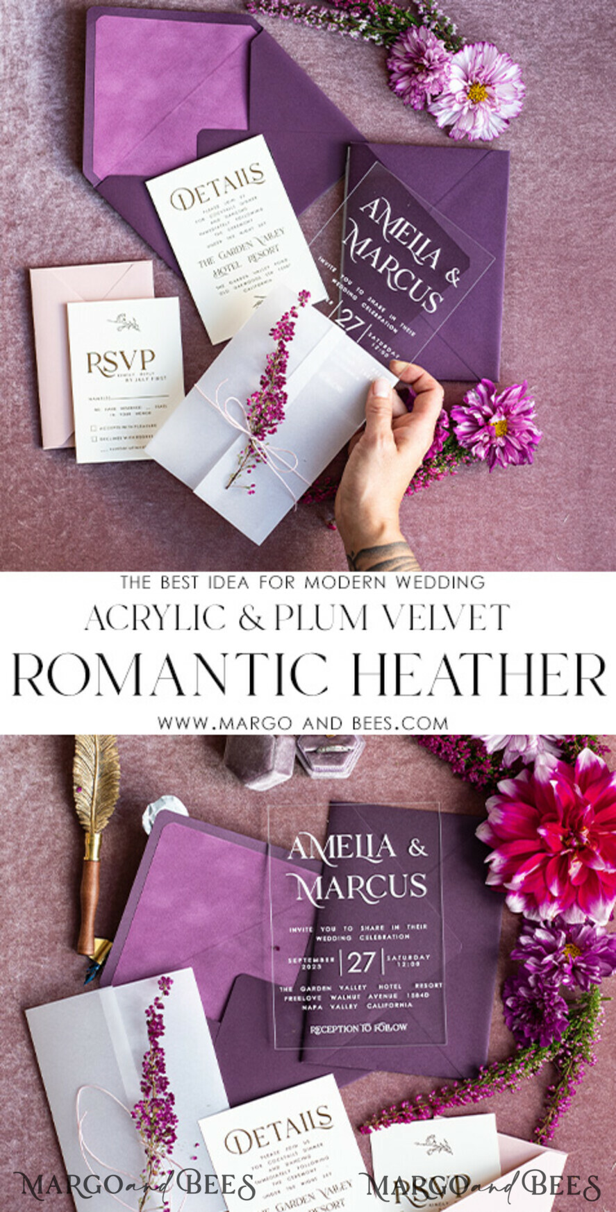 WEDDING INVITATIONS floral / boho / watercolor Heather Acrylic Wedding invitations set, Boho Plum Fall Wedding Invitation Suite,  Plexi Elegant bohemian Wedding Stationery Minimalistic Wedding Invites