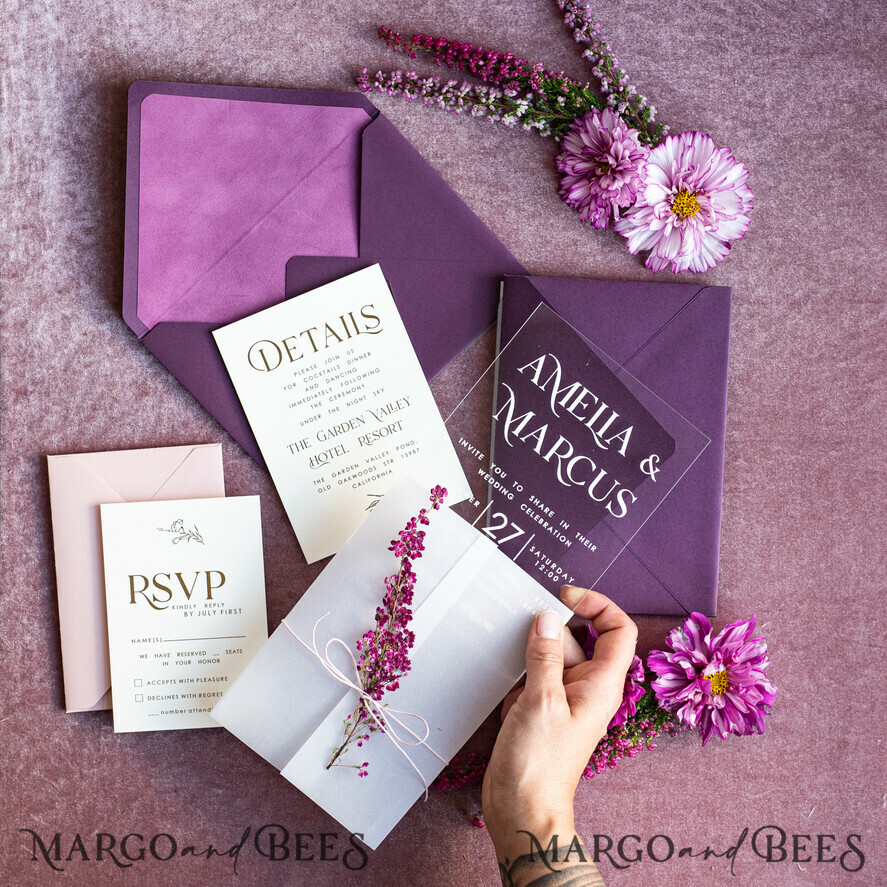 WEDDING INVITATIONS floral / boho / watercolor Heather Acrylic Wedding invitations set, Boho Plum Fall Wedding Invitation Suite,  Plexi Elegant bohemian Wedding Stationery Minimalistic Wedding Invites