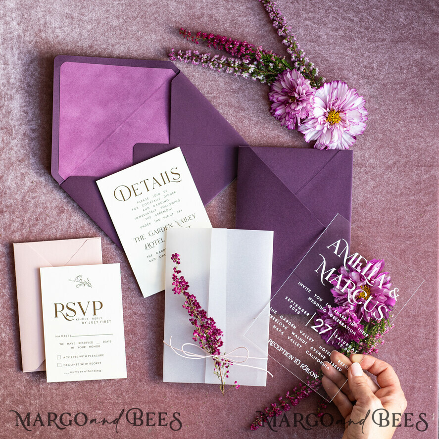 WEDDING INVITATIONS floral / boho / watercolor Heather Acrylic Wedding invitations set, Boho Plum Fall Wedding Invitation Suite,  Plexi Elegant bohemian Wedding Stationery Minimalistic Wedding Invites