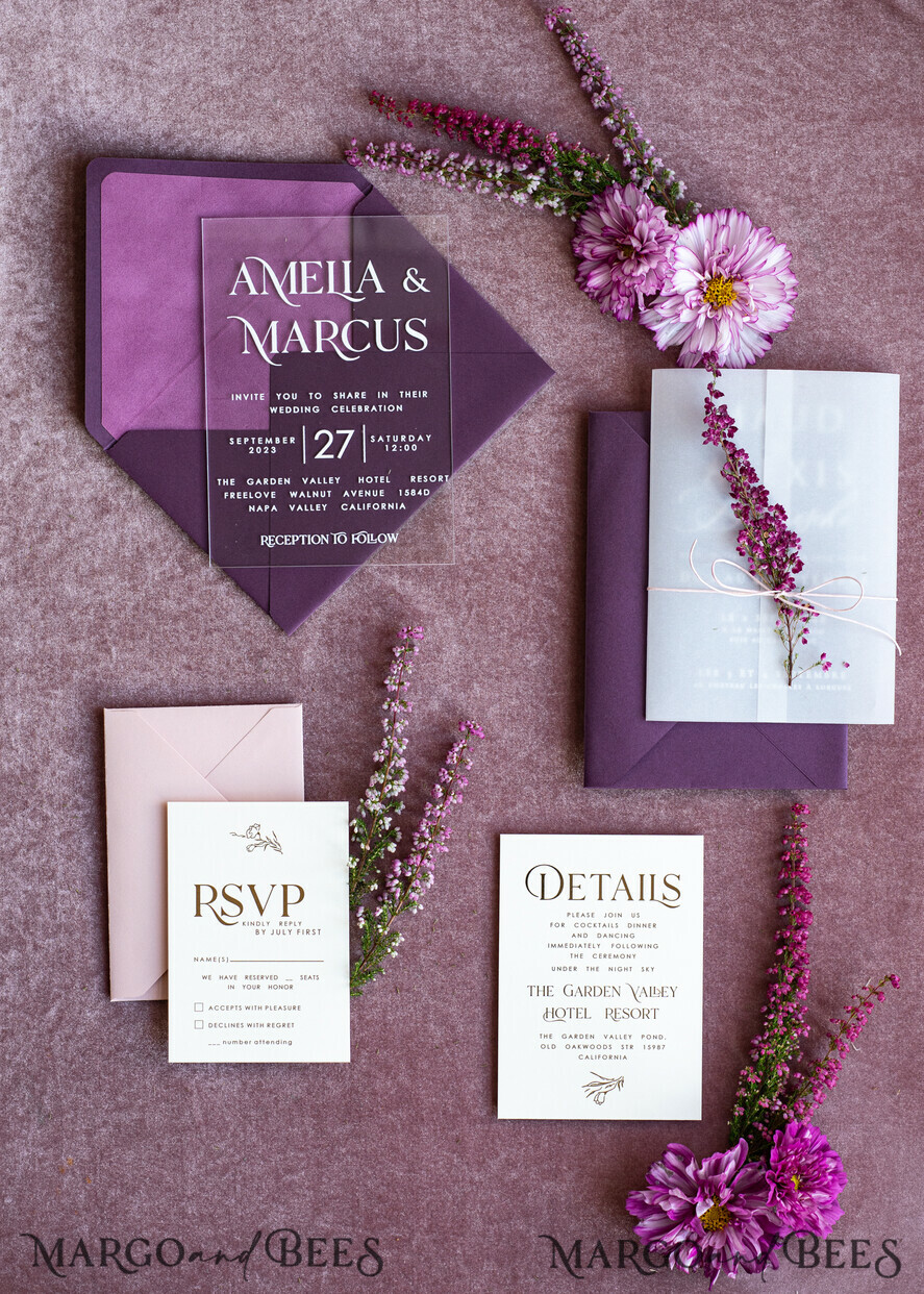 WEDDING INVITATIONS floral / boho / watercolor Heather Acrylic Wedding invitations set, Boho Plum Fall Wedding Invitation Suite,  Plexi Elegant bohemian Wedding Stationery Minimalistic Wedding Invites