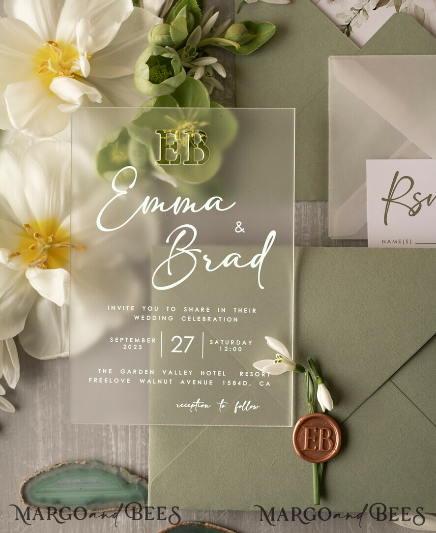 WEDDING INVITATIONS floral / boho / watercolor Stylish Sage Green Acrylic wedding invitation, Elegant Frozen Acryl Green Wedding Invitations • Sage Green Modern Wedding Invitation Suite • Luxury Greenery wedding Cards