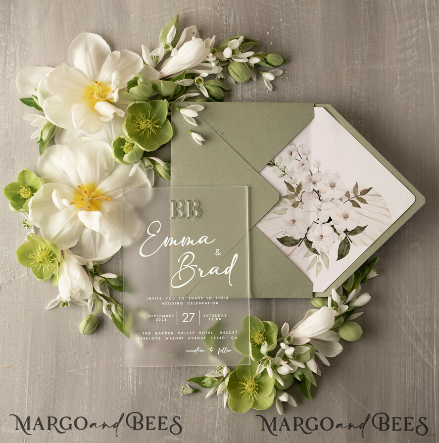 WEDDING INVITATIONS floral / boho / watercolor Stylish Sage Green Acrylic wedding invitation, Elegant Frozen Acryl Green Wedding Invitations • Sage Green Modern Wedding Invitation Suite • Luxury Greenery wedding Cards