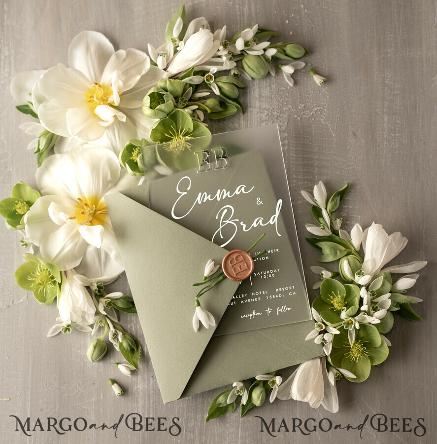 WEDDING INVITATIONS floral / boho / watercolor Stylish Sage Green Acrylic wedding invitation, Elegant Frozen Acryl Green Wedding Invitations • Sage Green Modern Wedding Invitation Suite • Luxury Greenery wedding Cards