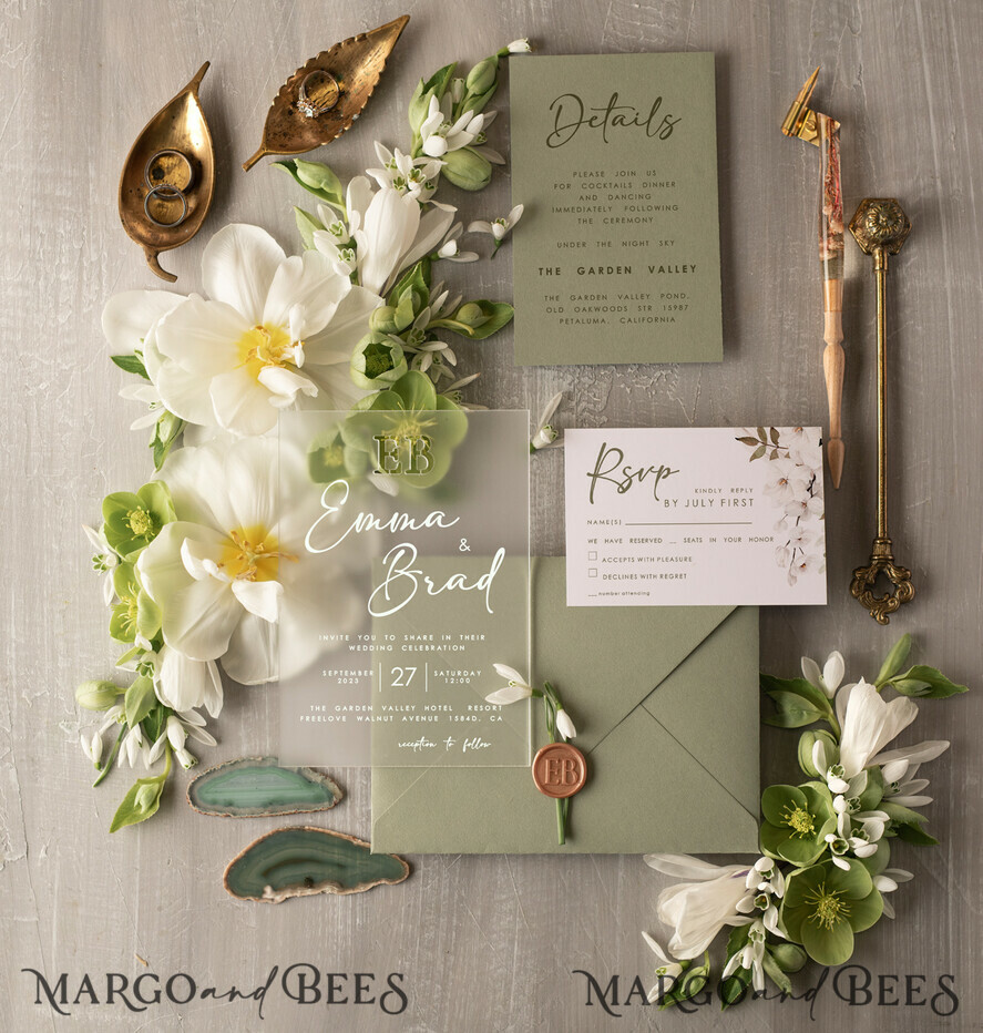WEDDING INVITATIONS floral / boho / watercolor Stylish Sage Green Acrylic wedding invitation, Elegant Frozen Acryl Green Wedding Invitations • Sage Green Modern Wedding Invitation Suite • Luxury Greenery wedding Cards