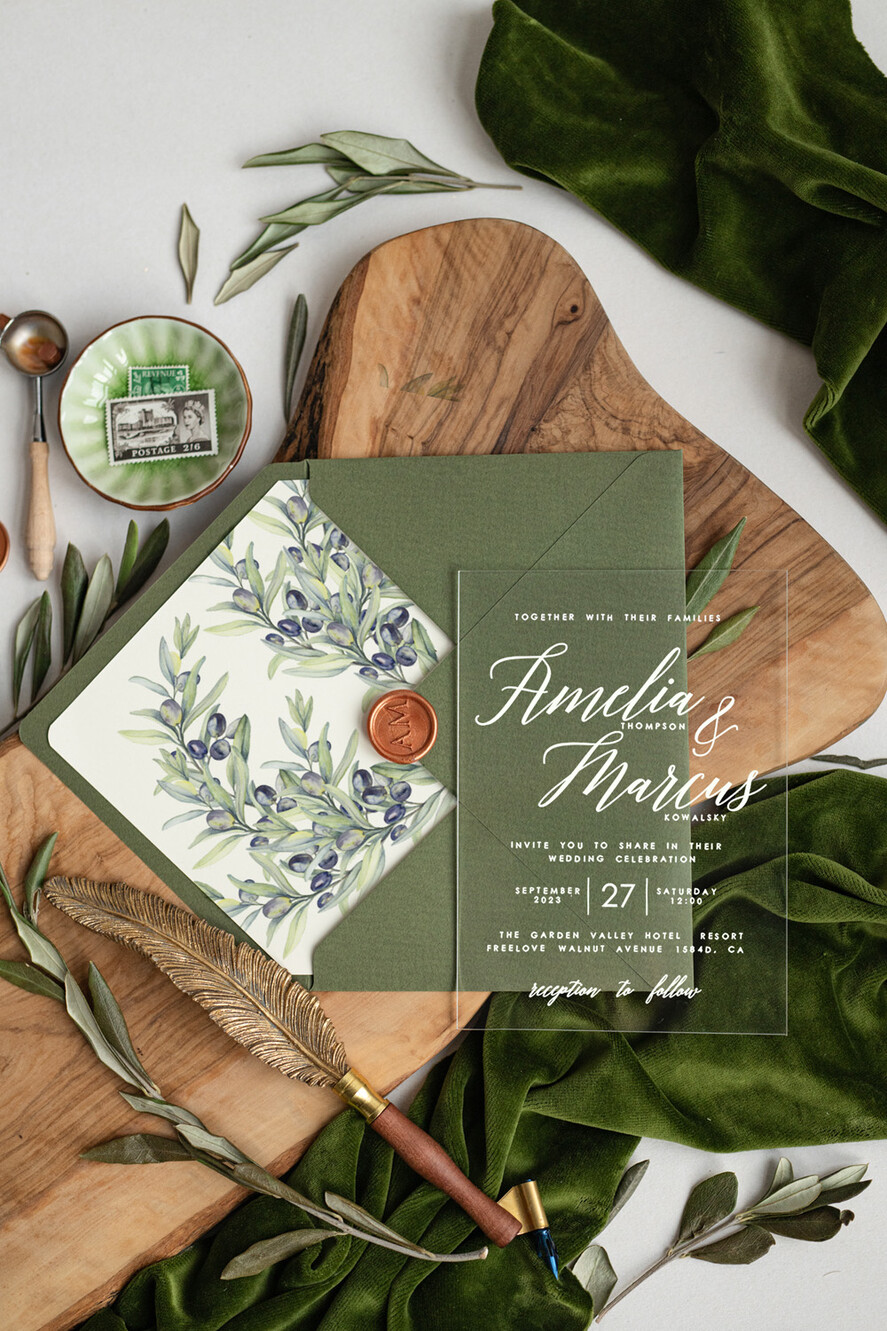 WEDDING INVITATIONS floral / boho / watercolor Tuscany Acrylic wedding invitation, Elegant Acryl olive Green Wedding Invitations, Luxury Greece wedding Cards
