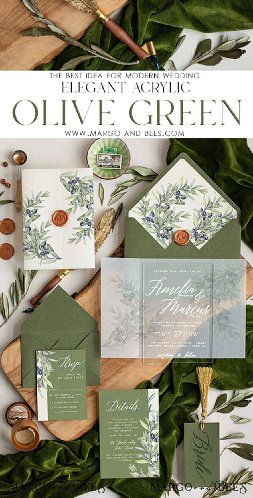 WEDDING INVITATIONS floral / boho / watercolor Tuscany Acrylic wedding invitation, Elegant Acryl olive Green Wedding Invitations, Luxury Greece wedding Cards