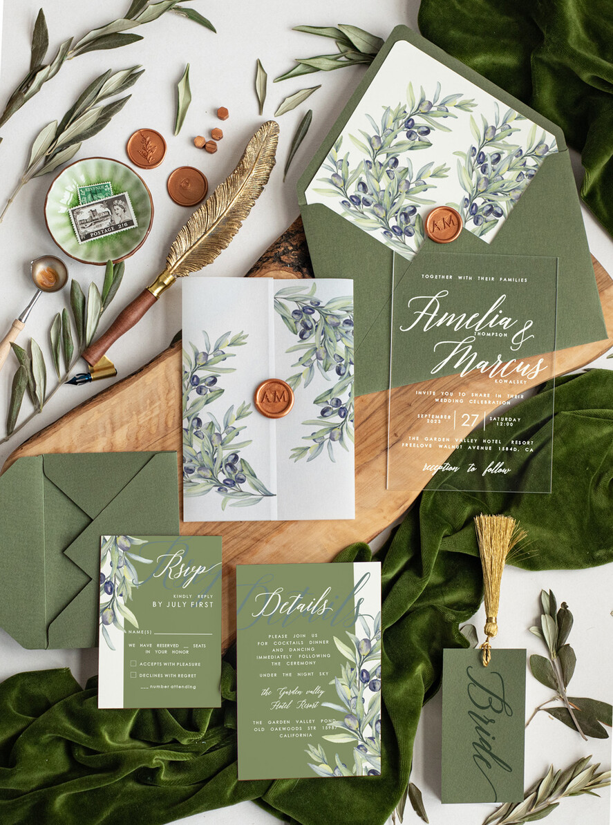 WEDDING INVITATIONS floral / boho / watercolor Tuscany Acrylic wedding invitation, Elegant Acryl olive Green Wedding Invitations, Luxury Greece wedding Cards