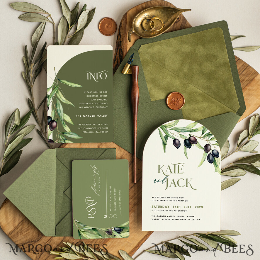 WEDDING INVITATIONS floral / boho / watercolor Elegant Arch wedding invitations, Grecce Wedding Suite, Simple Tuscany wedding invitation Suite, Olive  wedding cards, Velvet olive green wedding Stationery
