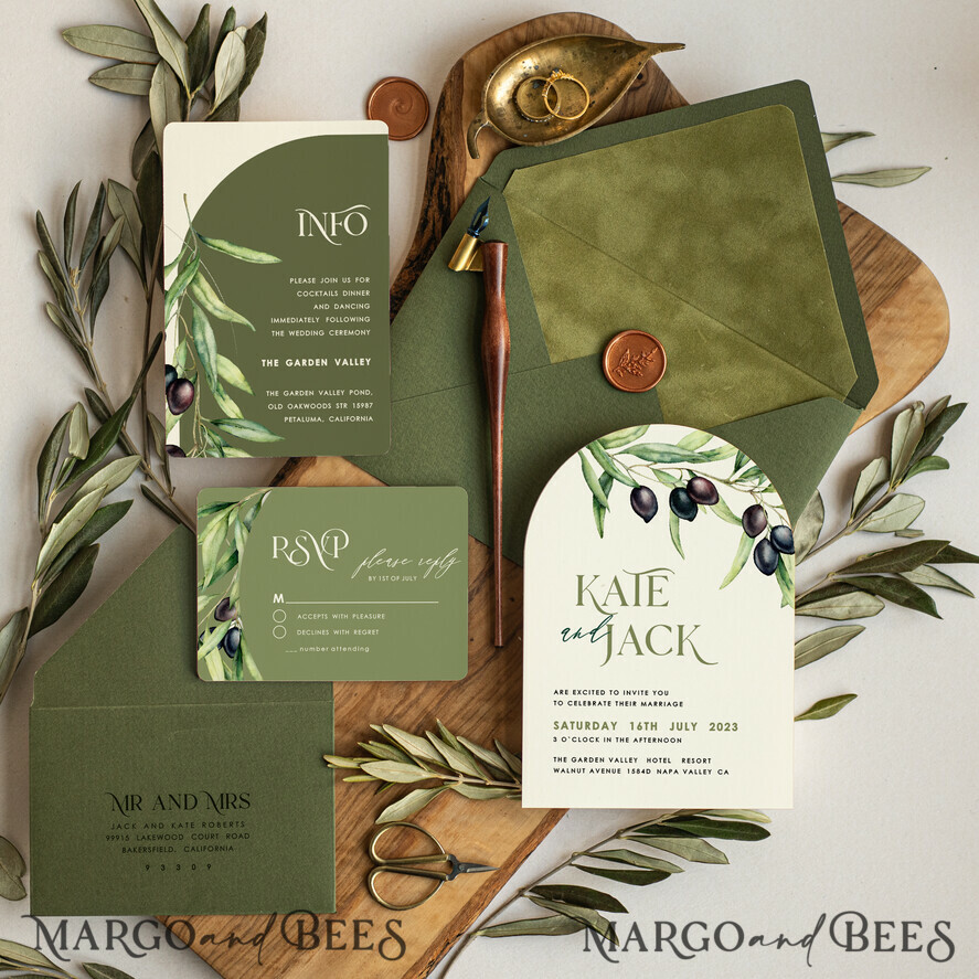 WEDDING INVITATIONS floral / boho / watercolor Elegant Arch wedding invitations, Grecce Wedding Suite, Simple Tuscany wedding invitation Suite, Olive  wedding cards, Velvet olive green wedding Stationery