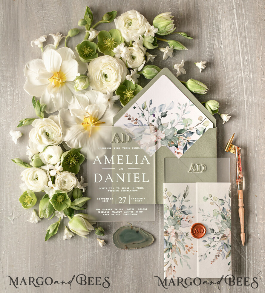 WEDDING INVITATIONS floral / boho / watercolor Stylish Sage Green Acrylic wedding invitation, Elegant Frozen Acryl Green Wedding Invitations • Sage Green Modern Wedding Invitation Suite • Luxury Greenery wedding Cards