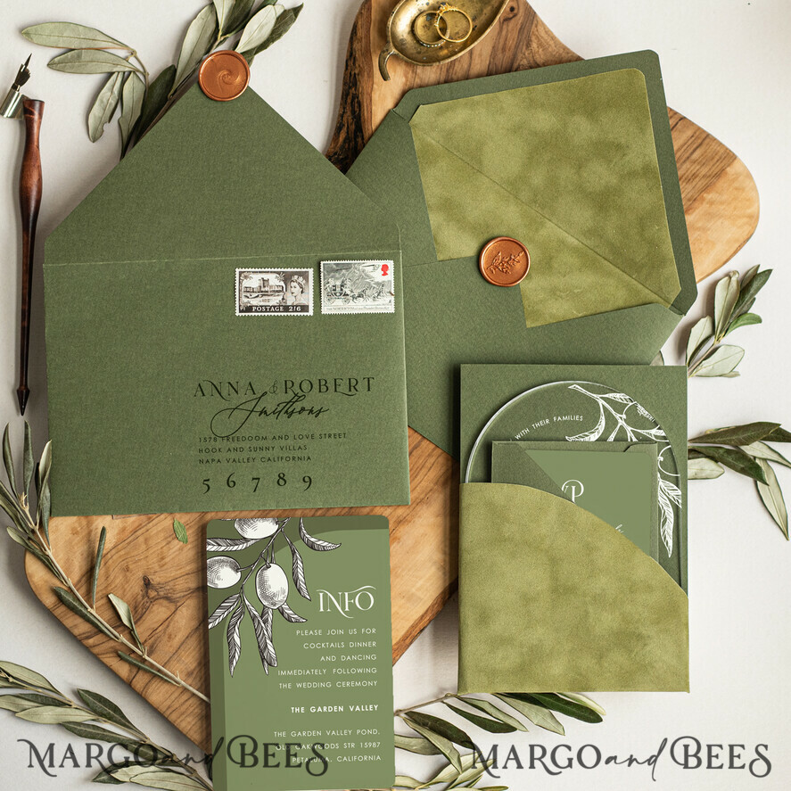 WEDDING INVITATIONS floral / boho / watercolor Italian Wedding set, Olive Arch wedding invitations, destination wedding invitations  Grecce, Velvet olive green wedding Stationery, 