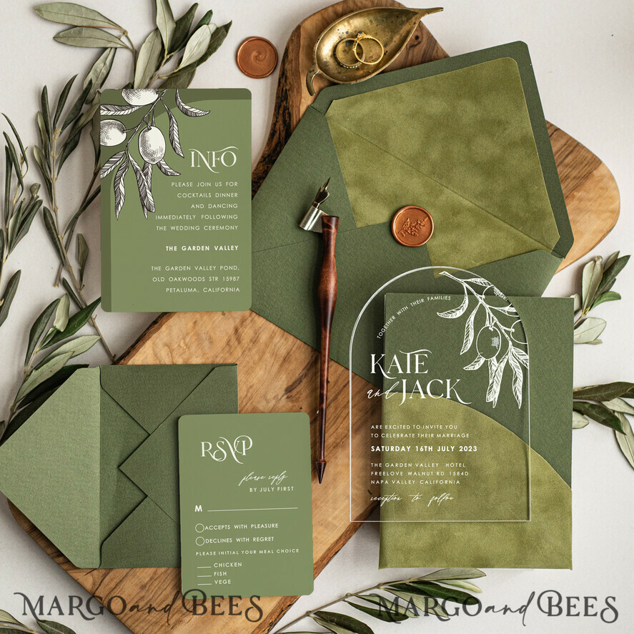 WEDDING INVITATIONS floral / boho / watercolor Italian Wedding set, Olive Arch wedding invitations, destination wedding invitations  Grecce, Velvet olive green wedding Stationery, 