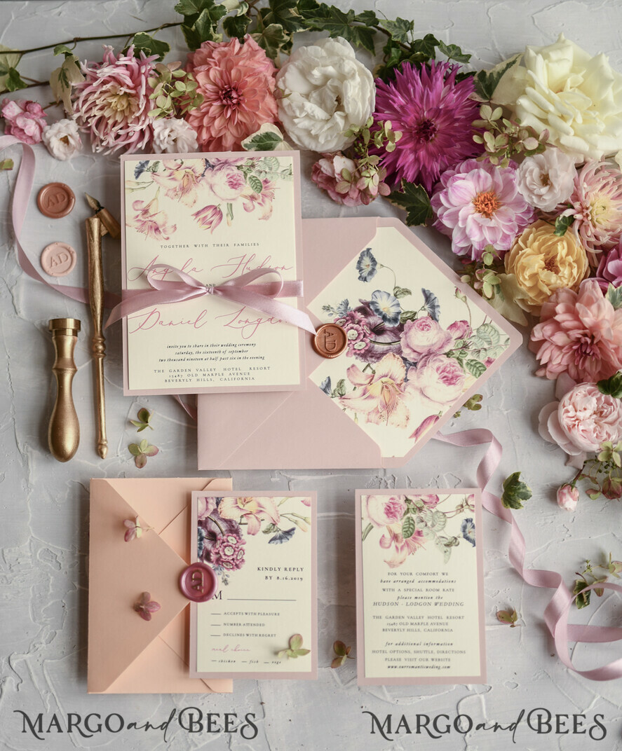 Wedding Invitations Floral Boho Watercolor 3 Peaches Z