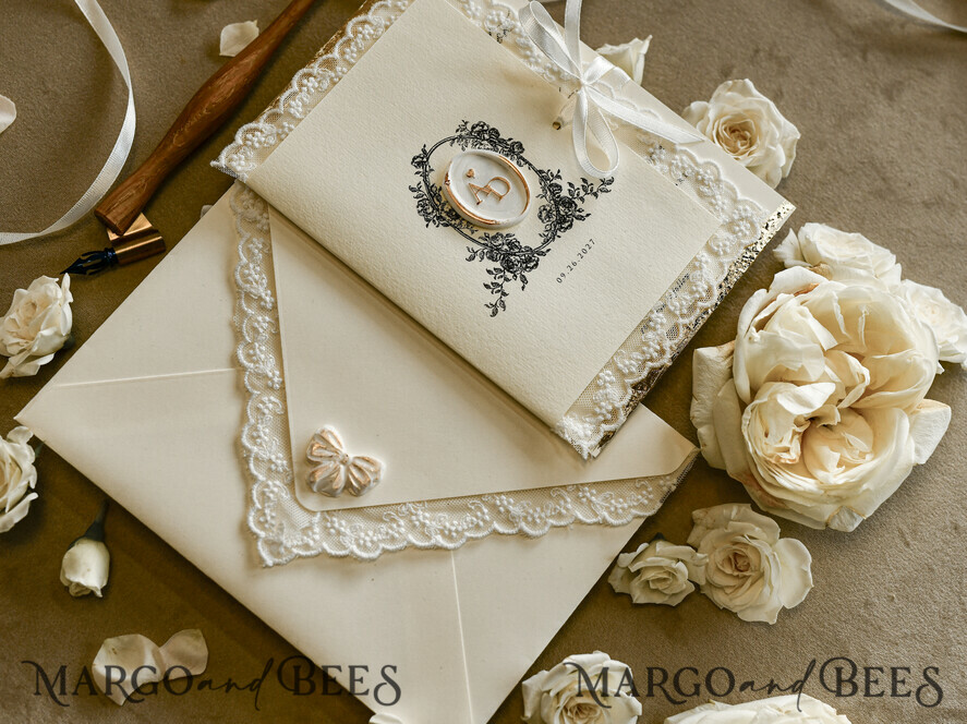 WEDDING INVITATIONS vintage lace/ rustic lace Personalized Golden Wedding invitations Vintage Lace wedding Cards