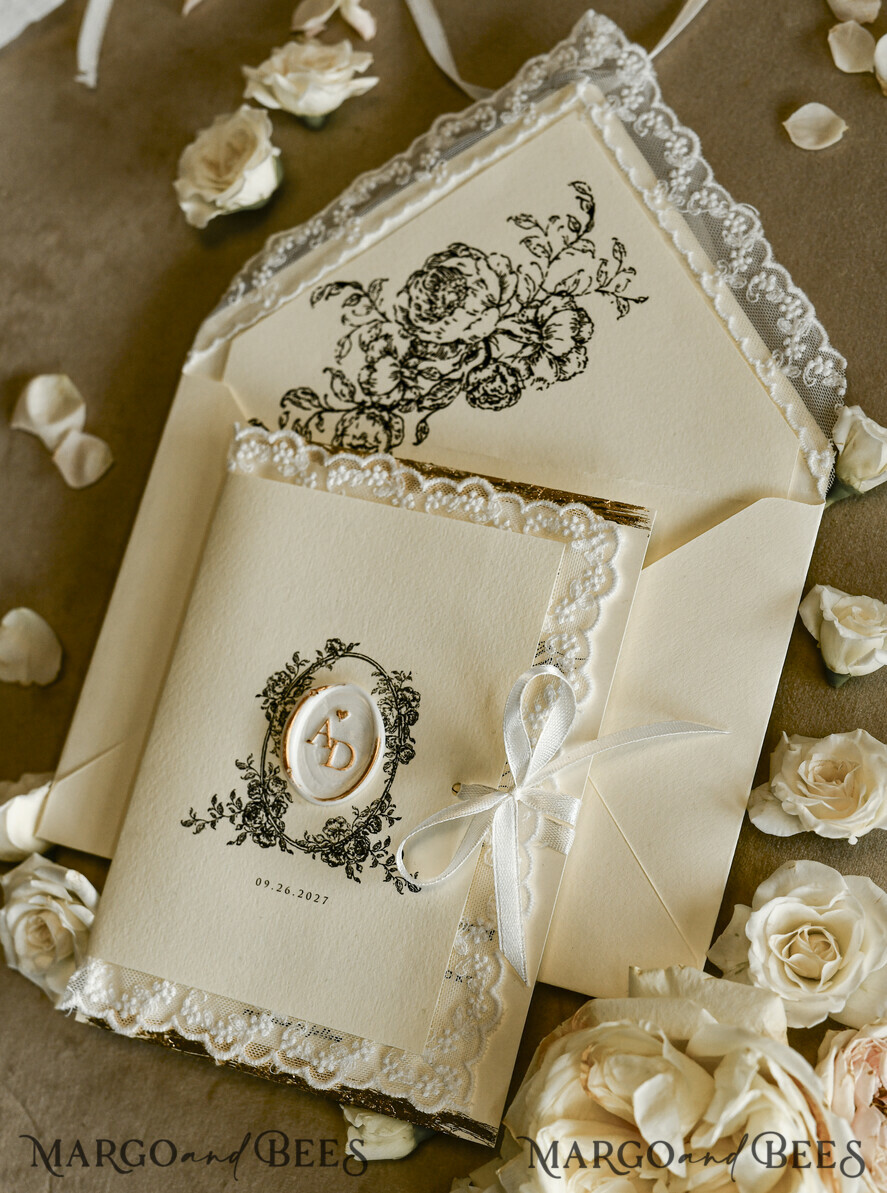 WEDDING INVITATIONS vintage lace/ rustic lace Personalized Golden Wedding invitations Vintage Lace wedding Cards