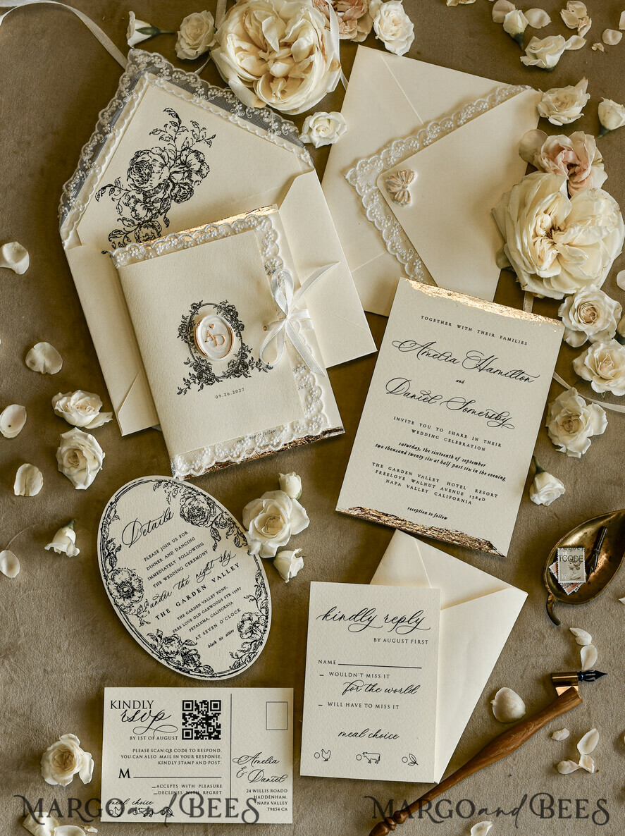 WEDDING INVITATIONS vintage lace/ rustic lace Personalized Golden Wedding invitations Vintage Lace wedding Cards
