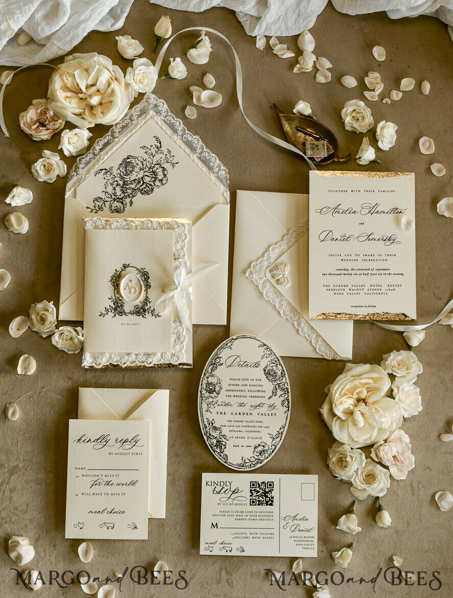 WEDDING INVITATIONS vintage lace/ rustic lace Personalized Golden Wedding invitations Vintage Lace wedding Cards