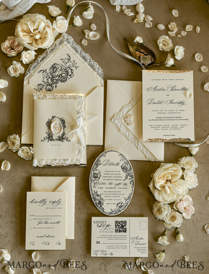 WEDDING INVITATIONS vintage lace/ rustic lace Personalized Golden Wedding invitations Vintage Lace wedding Cards