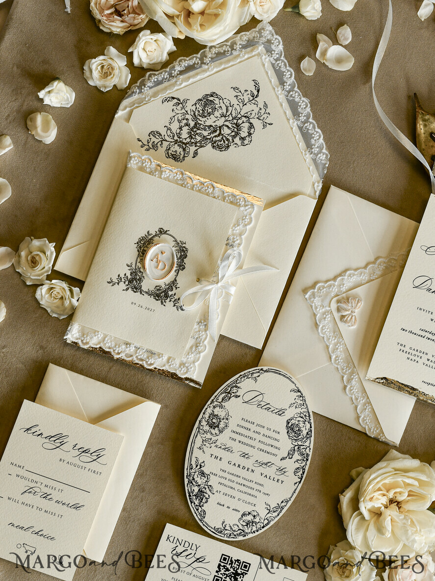 WEDDING INVITATIONS vintage lace/ rustic lace Personalized Golden Wedding invitations Vintage Lace wedding Cards