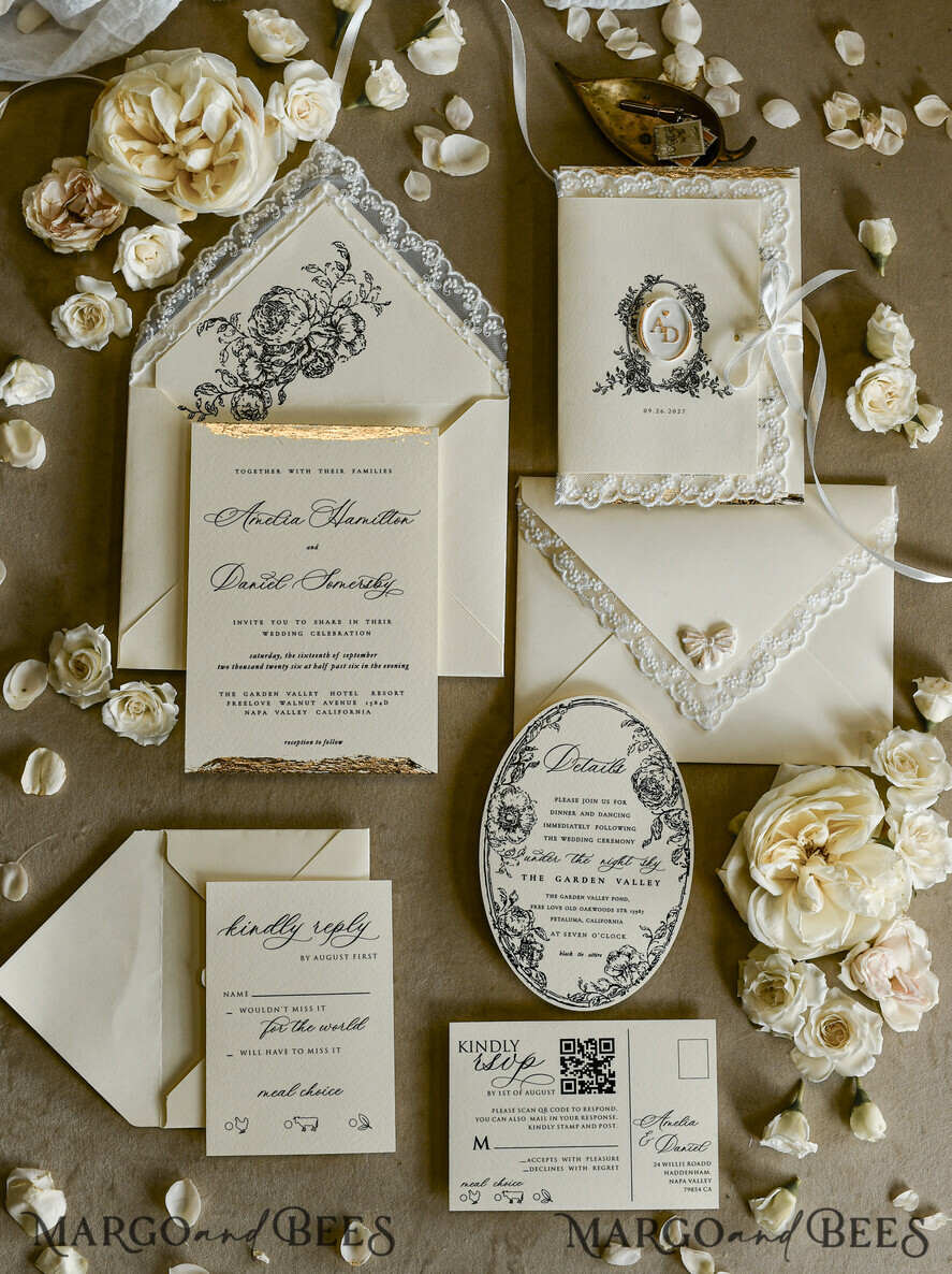 WEDDING INVITATIONS vintage lace/ rustic lace Personalized Golden Wedding invitations Vintage Lace wedding Cards