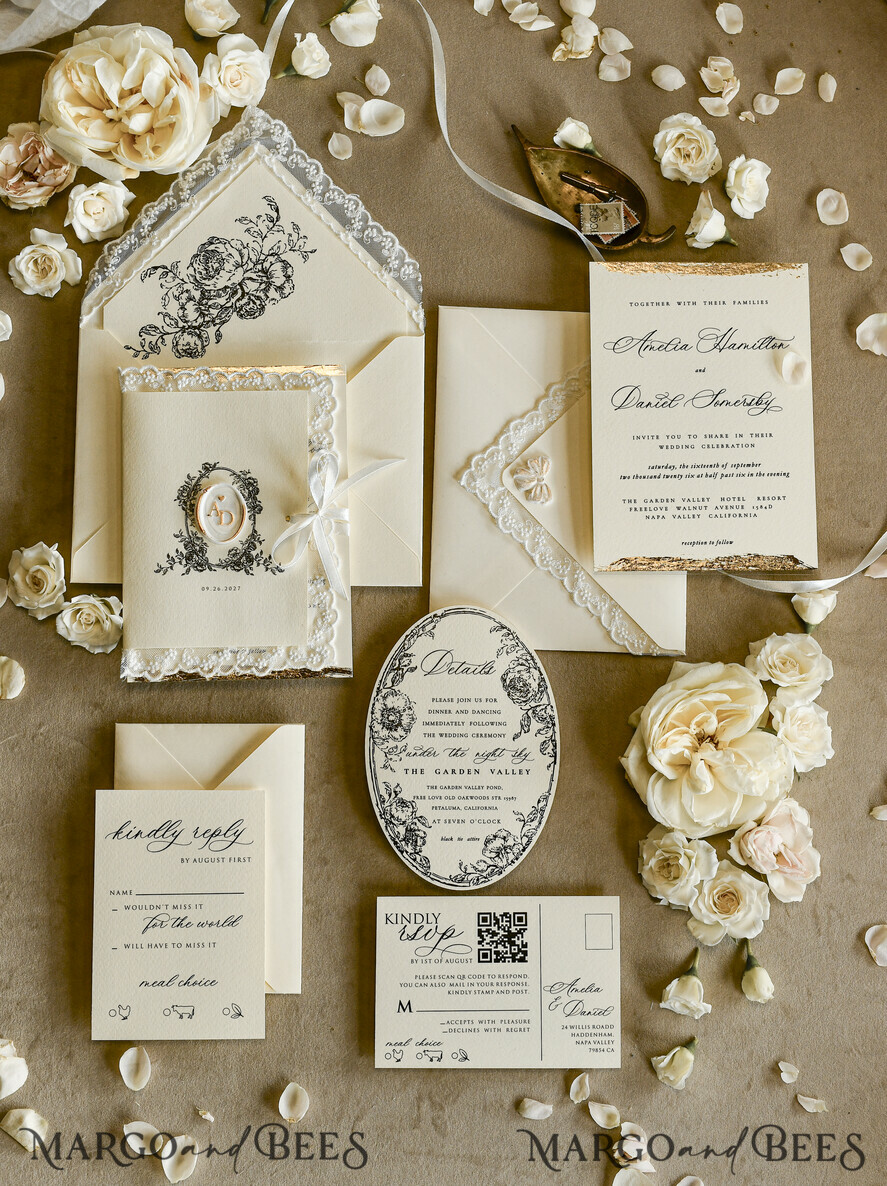 WEDDING INVITATIONS vintage lace/ rustic lace Personalized Golden Wedding invitations Vintage Lace wedding Cards